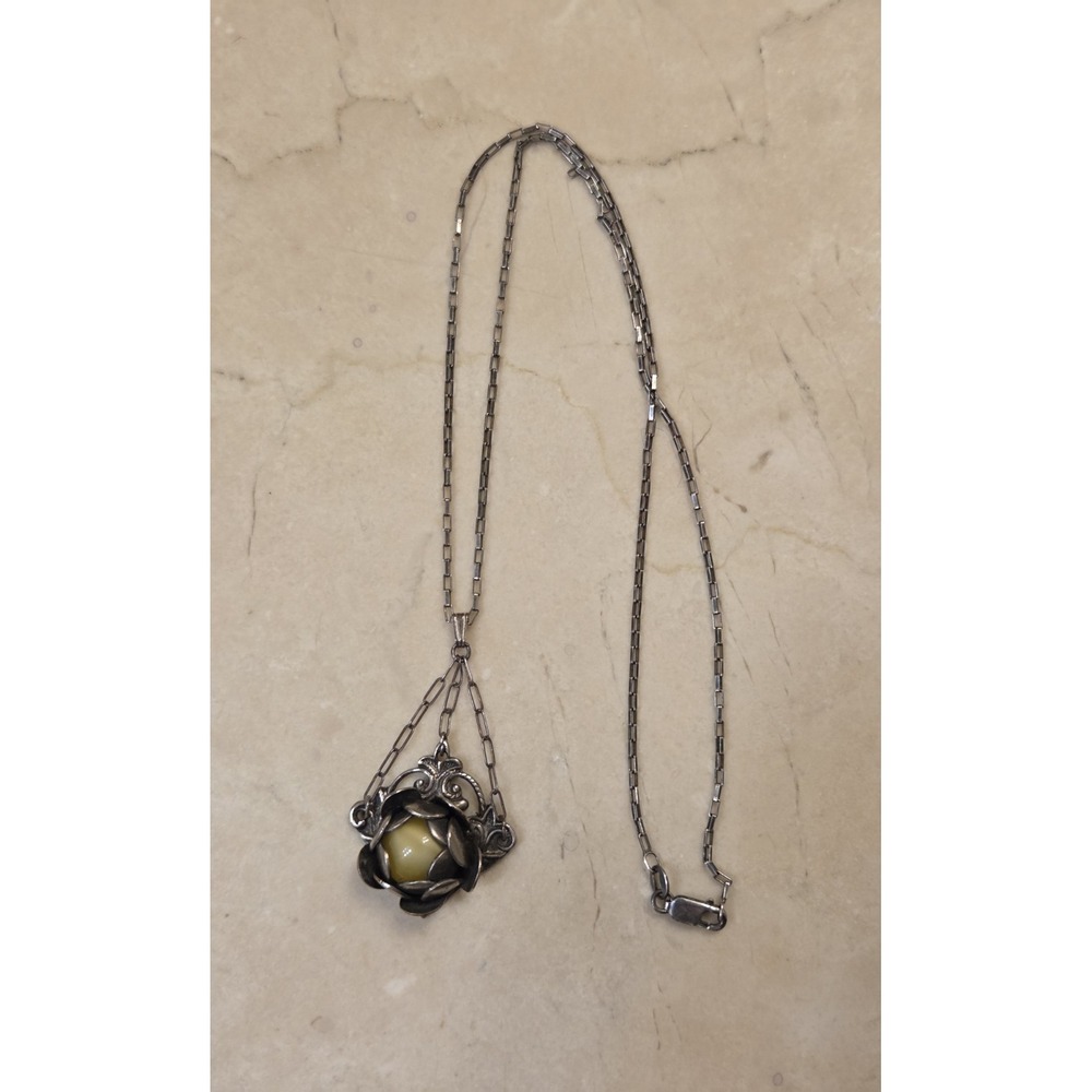 Stunning Art Nouveau Sterling‎ Silver & Amber Budding Flower Necklace 18" - Picture 4 of 7
